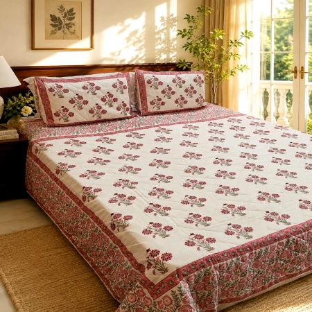 Handmade Pink Floral Butta Mulmul Cotton Quilted Bedcover